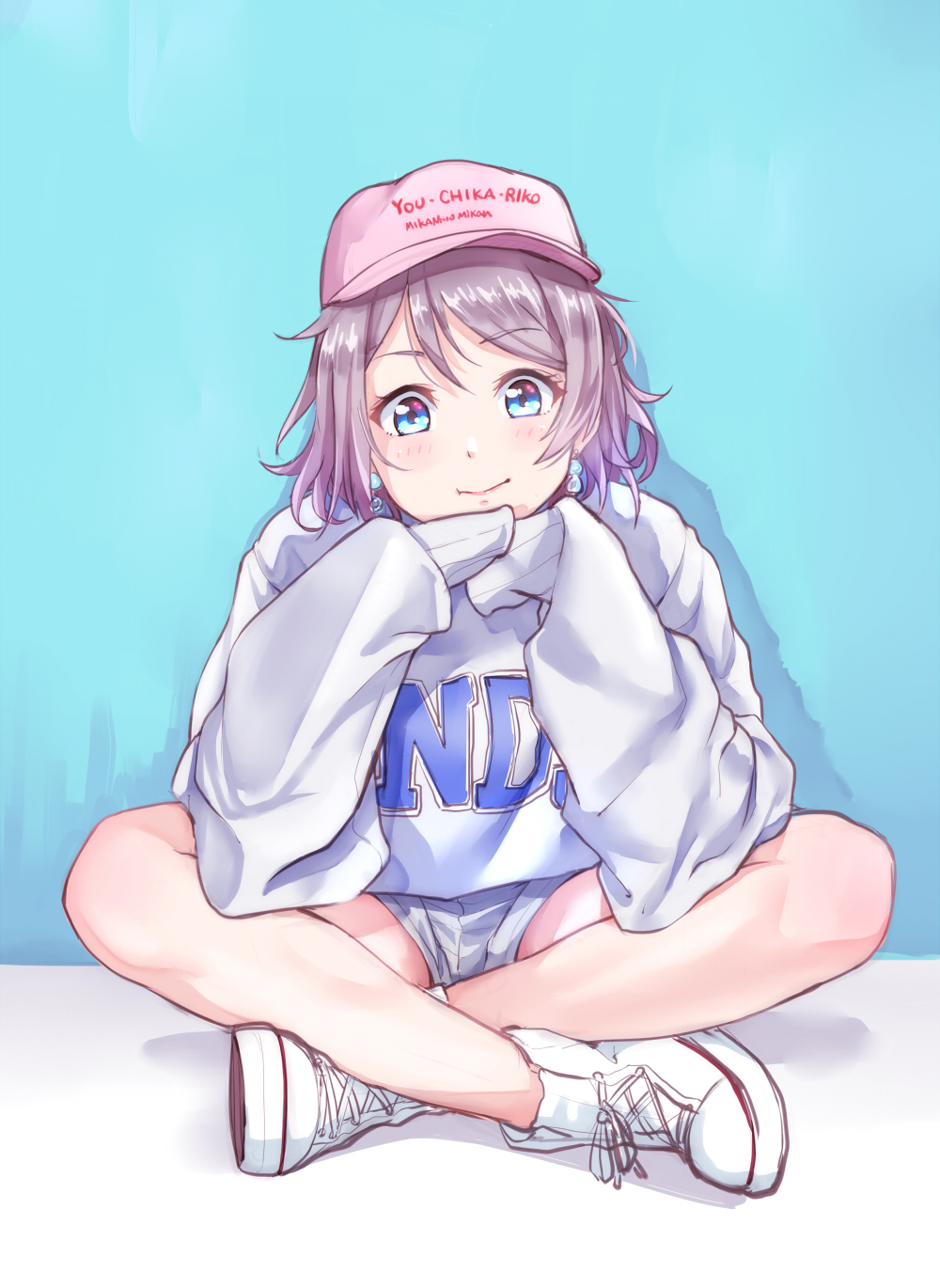 1girl, baseball_cap, blue_background, blue_eyes, clothes_writing, eyebrows_visible_through_hair, grey_hair, hands_together