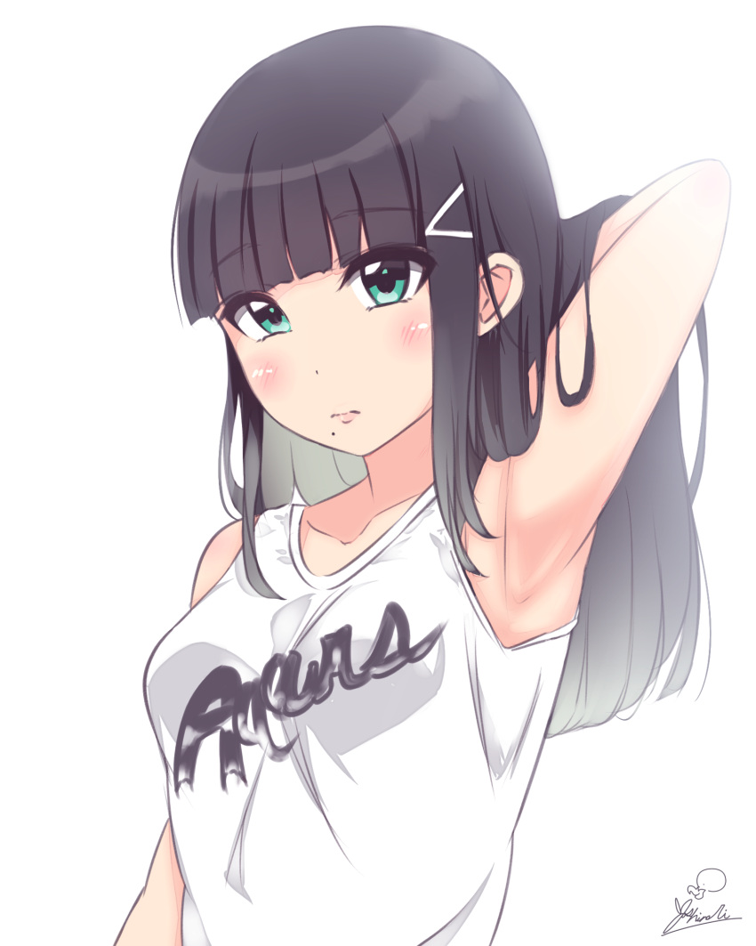 1girl, aqua_eyes, arm_up, armpits, bangs, black_hair, blush, clothes_writing