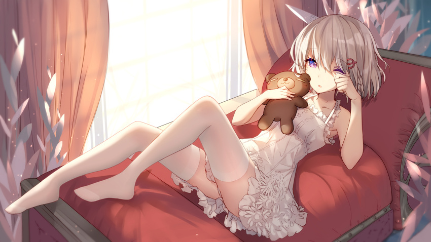 1girl, bangs, bison_cangshu, braid, commentary_request, day, dress, eyebrows_visible_through_hair, hair_between_eyes, hair_ornament, hairclip, indoors, lying, no_shoes, object_hug, on_back, one_eye_closed, panties, parted_lips, rubbing_eyes, silver_hair, sleeveless, sleeveless_dress, solo, sovetsky_soyuz_(zhan_jian_shao_nyu), stuffed_animal, stuffed_toy, sunlight, teddy_bear, thigh-highs, underwear, violet_eyes, white_dress, white_legwear, white_panties, window, zhan_jian_shao_nyu
