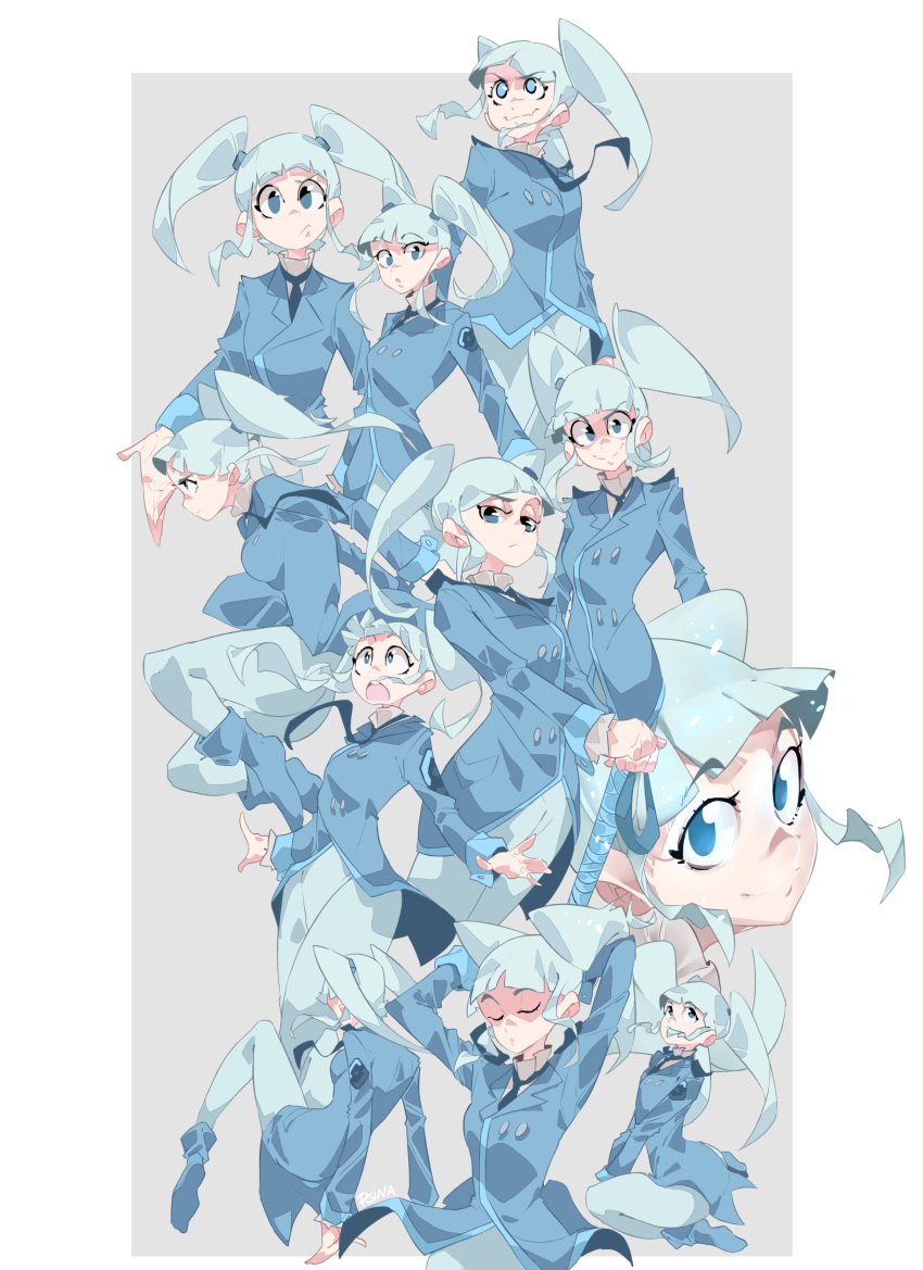 1girl, :/, :o, absurdres, ankle_boots, arms_behind_head, arms_up, bangs, blue_eyes, blue_footwear, blue_jacket, blue_legwear, blue_neckwear, blue_pants, blunt_bangs, boots, breasts, closed_eyes, closed_mouth, emblem, evil_smile, formal, grey_background, hair_in_mouth, hair_tie, hairdressing, highres, holding, holding_sword, holding_weapon, jacket, knees_up, light_blue_hair, long_hair, long_sleeves, looking_at_viewer, looking_up, medium_breasts, mr.psina, multiple_persona, multiple_views, necktie, outside_border, outstretched_arms, own_hands_together, pants, personification, profile, rkn-chan, shaded_face, sidelocks, simple_background, sitting, smile, smug, surprised, sword, tareme, twintails, wariza, wavy_mouth, weapon, white_border, wide-eyed