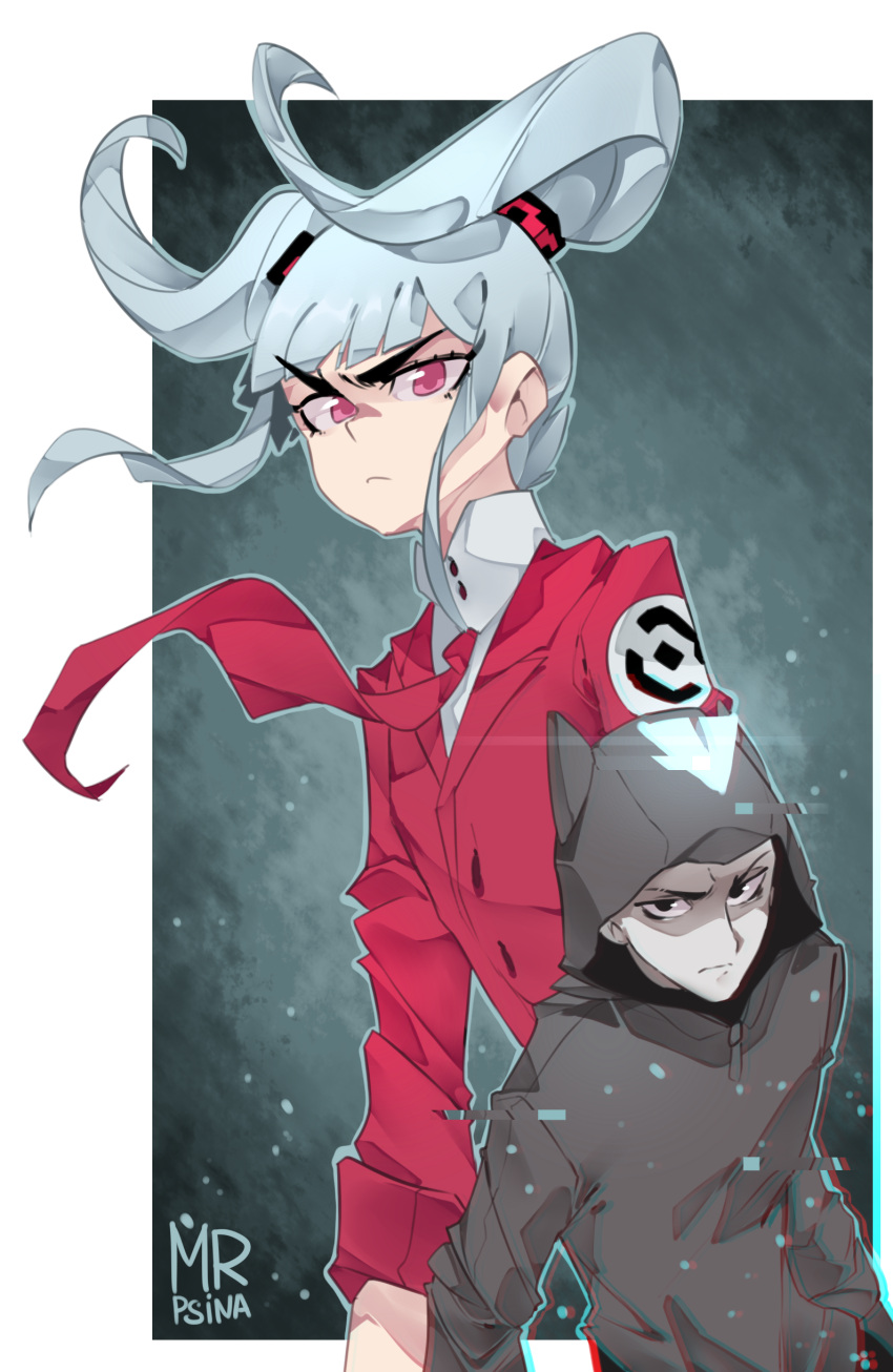 1boy, 1girl, absurdres, alternate_color, animal_ears, black_eyes, black_hoodie, dog_ears