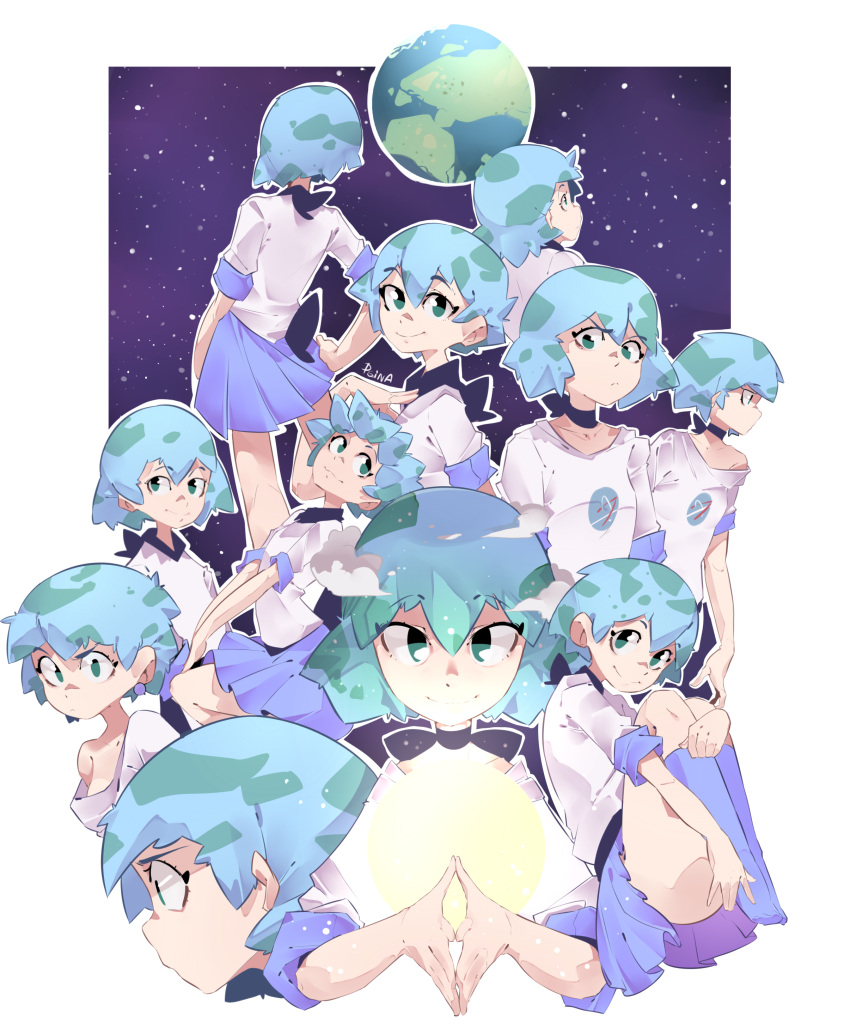 1girl, absurdres, bangs, black_choker, blue_hair, blue_skirt, choker, closed_mouth