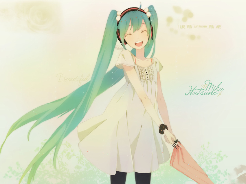 aqua_hair, closed_eyes, dress, green_hair, hair_bobbles, hair_ornament, happy, hatsune_miku