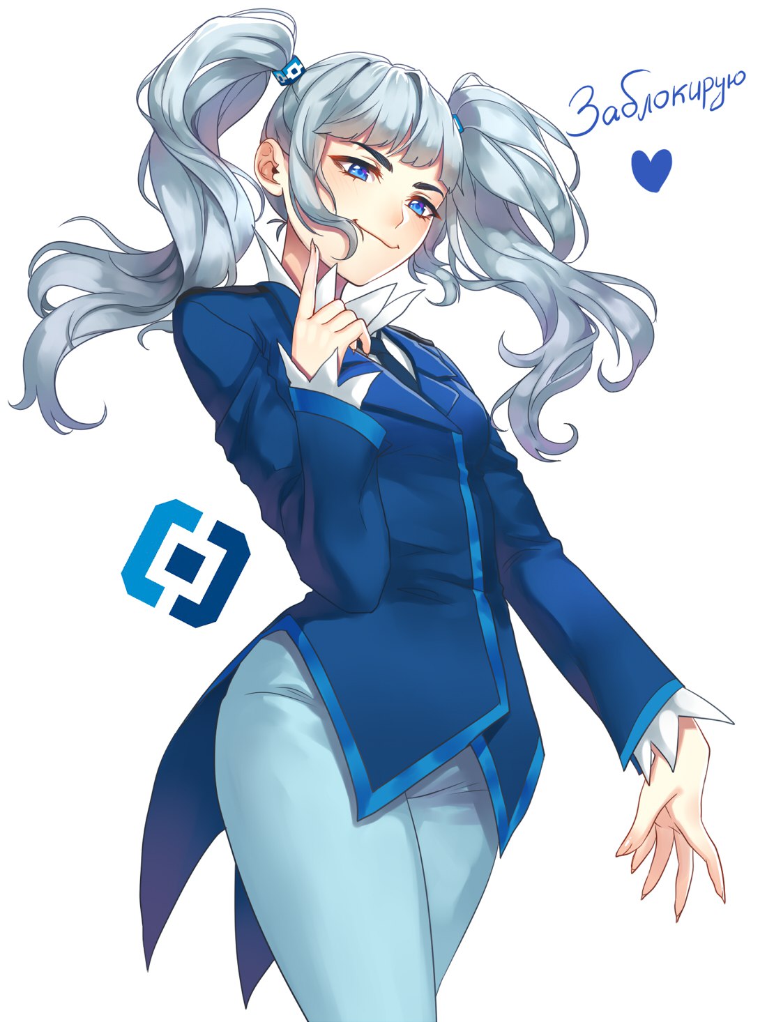 1girl, artist_request, blue_eyes, blue_jacket, blue_legwear, formal, hair_cubes, hair_ornament