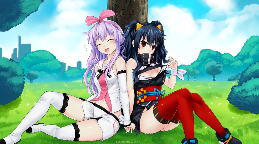 2girls, :o, a.i._channel, bare_shoulders, black_dress, black_hair, blush, bow