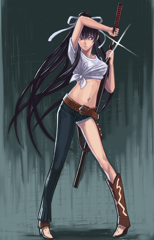 boots, kanzaki_kaori, legs, long_hair, midriff, one_pantsleg, single_pantsleg, solo, sword, t-shirt, to_aru_majutsu_no_index, utu_(artist), very_long_hair, weapon