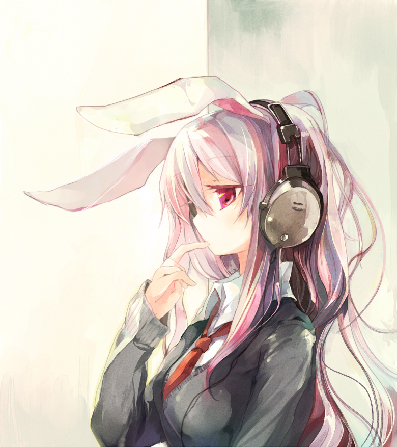 animal_ears, azuma_seiji, bad_id, bunny_ears, headphones, necktie, parody, purple_hair