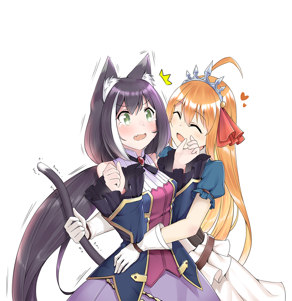 2girls, ^_^, ahoge, animal_ears, bare_shoulders, black_hair, cat_ears, cat_tail
