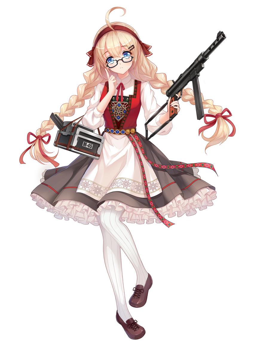 1girl, ahoge, black-framed_eyewear, blonde_hair, blue_eyes, braid, brown_footwear, character_name