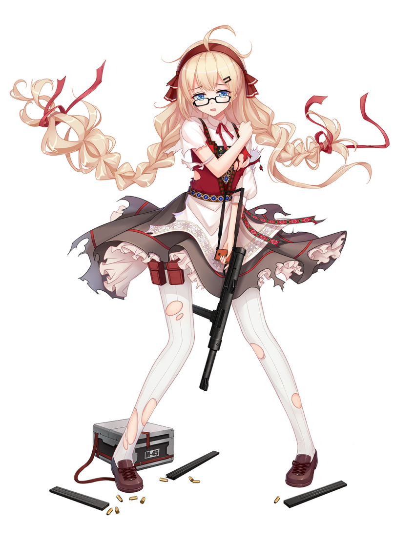 1girl, ahoge, black-framed_eyewear, blonde_hair, blue_eyes, braid, brown_footwear, bullet