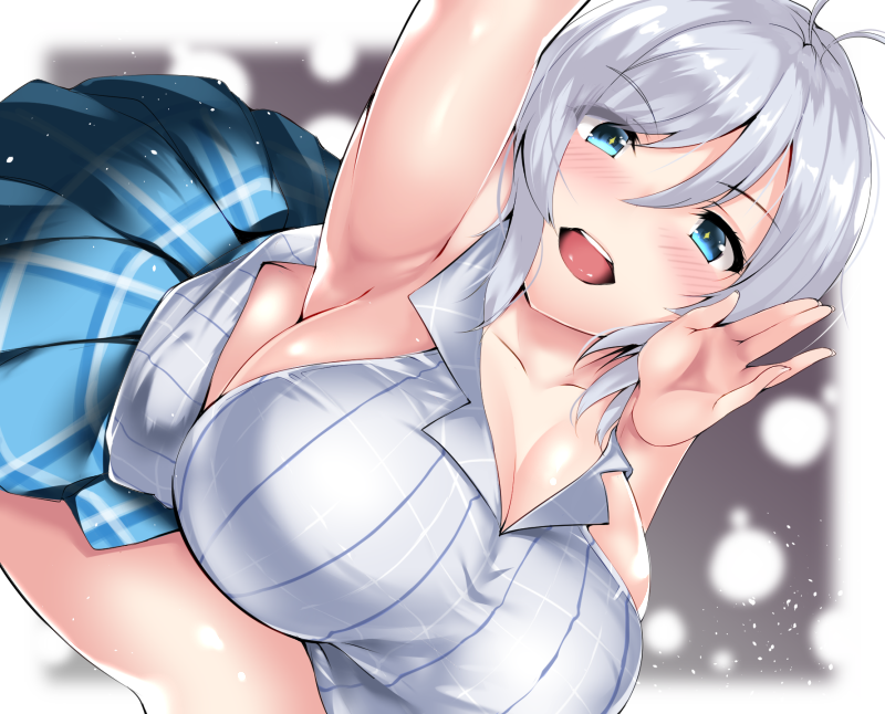 1girl, backless_outfit, bangs, bare_shoulders, blue_eyes, blush, breasts, cleavage