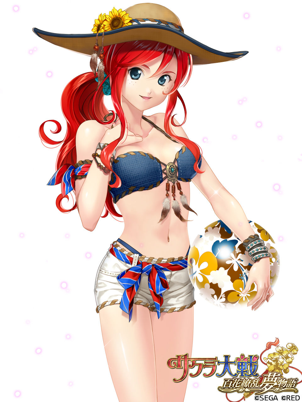 1girl, armband, ball, beachball, bikini, bikini_under_clothes, blue_bikini, blue_eyes