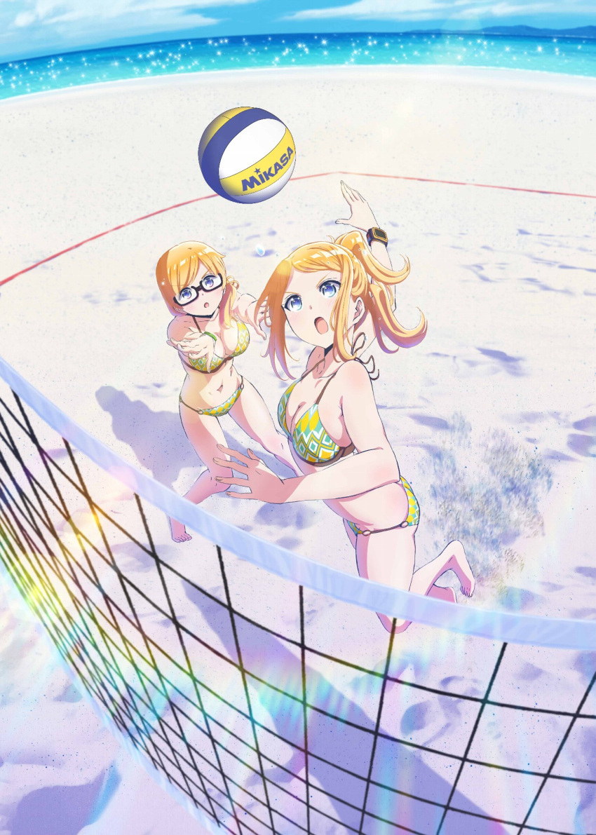 2girls, beach, beach_volleyball, bikini, blonde_hair, blue_eyes, bracelet, breasts, claire_thomas, clouds, emily_thomas, glasses, harukana_receive, highres, jewelry, jumping, legs, lens_flare, medium_breasts, multiple_girls, navel, o-ring_bikini, ocean, official_art, open_mouth, outstretched_arm, ponytail, sand, semi-rimless_eyewear, sky, swimsuit, volleyball_net, watch