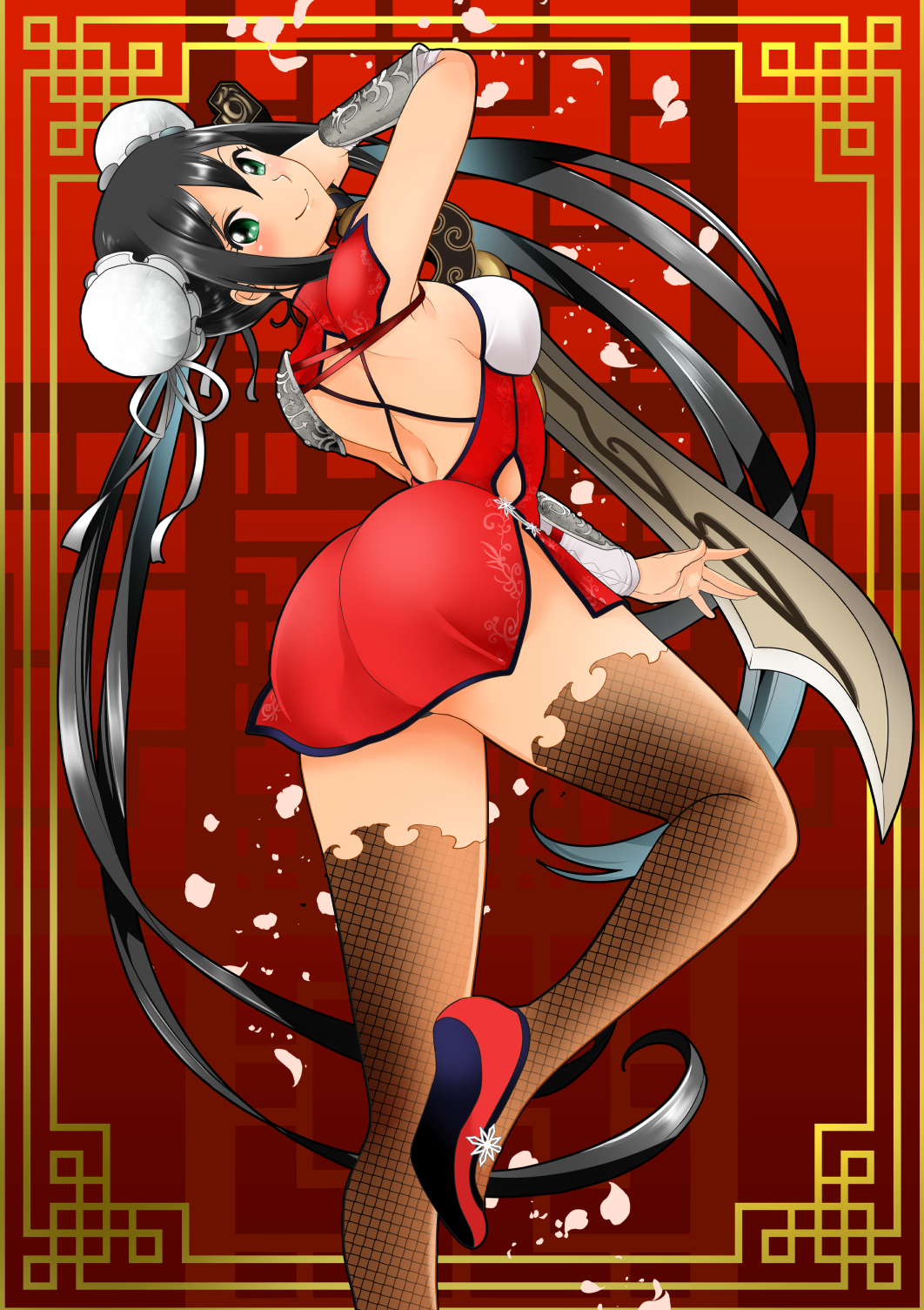 1girl, ass, black_hair, blush, breasts, bun_cover, china_dress, chinese_clothes, double_bun, dress, fei_li, fishnet_legwear, fishnets, from_behind, green_eyes, highres, long_hair, looking_at_viewer, looking_back, matsuno_minoru, medium_breasts, school_girl_strikers, smile, solo, sword, thigh-highs, twintails, weapon