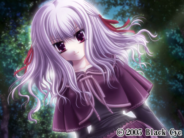 forest, gore_screaming_show, nature, purple_hair, red_eyes, ribbon, ribbons, ueda_metawo