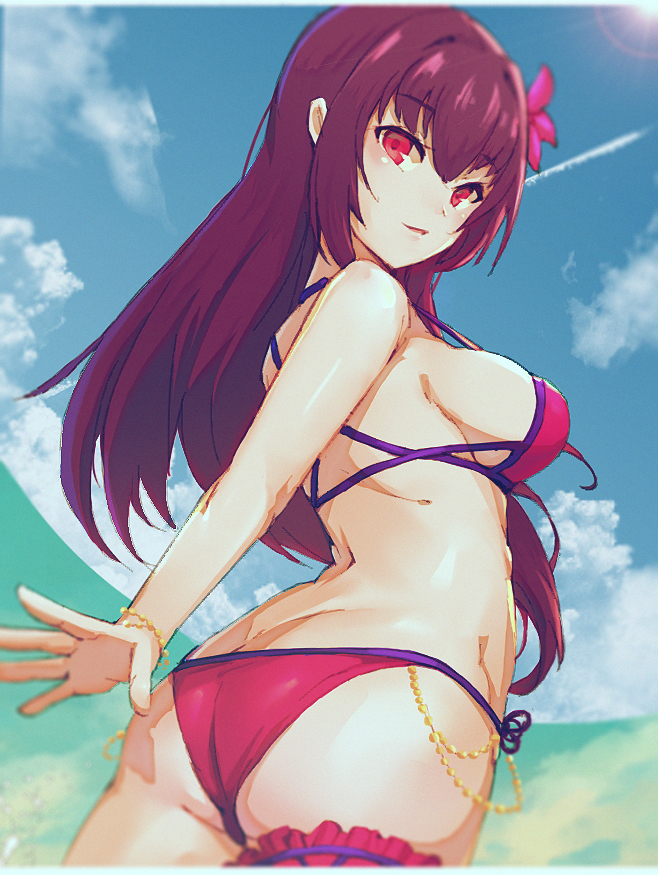 ass, beach, bikini, blue_sky, bracelet, breasts, clouds, day
