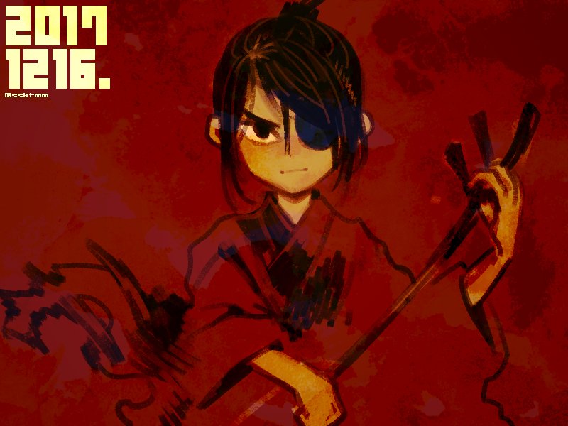 1boy, black_eyes, eyepatch, fujimoto_hideaki, instrument, kubo_(kubo_and_the_two_strings), kubo_and_the_two_strings, looking_at_viewer