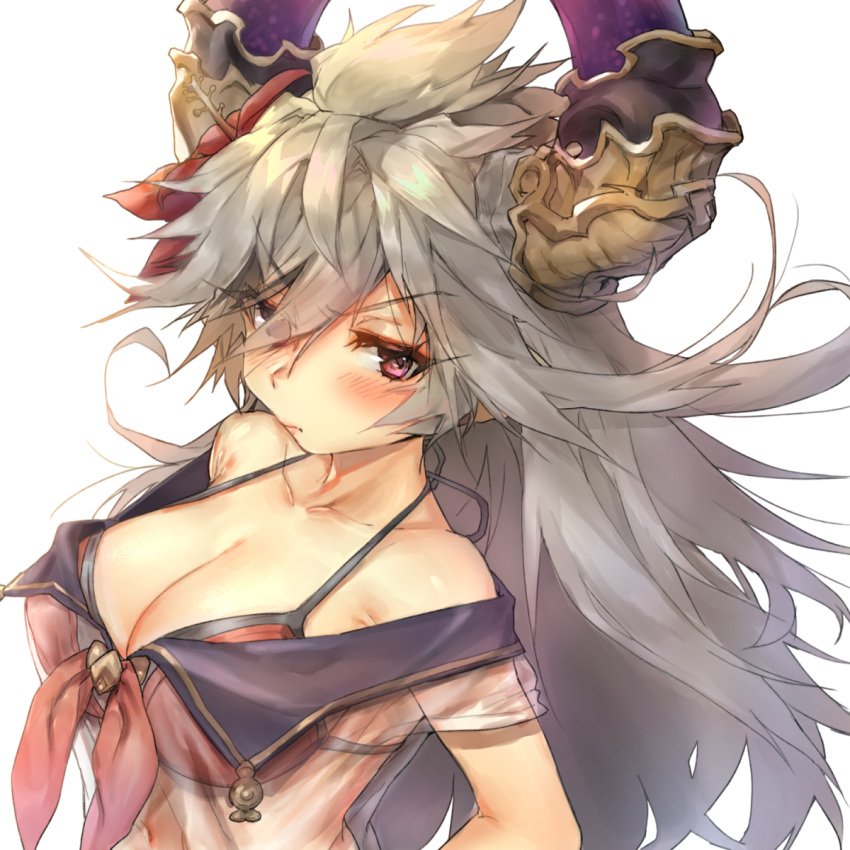 1girl, bangs, bare_shoulders, bikini, blush, breasts, cleavage, collarbone, draph, eyebrows_visible_through_hair, flower, granblue_fantasy, grey_hair, hair_between_eyes, hair_flower, hair_ornament, halter_top, halterneck, highres, horns, large_breasts, long_hair, looking_at_viewer, naso4, red_bikini, red_eyes, sailor_collar, see-through, solo, swimsuit, thalatha_(granblue_fantasy), very_long_hair