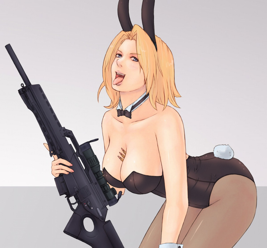 animal_ears, between_breasts, blonde_hair, bowtie, breasts, bullet, bullets, bunny_ears, bunny_tail, bunnysuit, cleavage, cuffs, g36, gun, heckler_&amp;_koch, necktie, pantyhose, rabbit_ears, rifle, scope, sl8, sniper_rifle, tail, tongue, weapon, woman