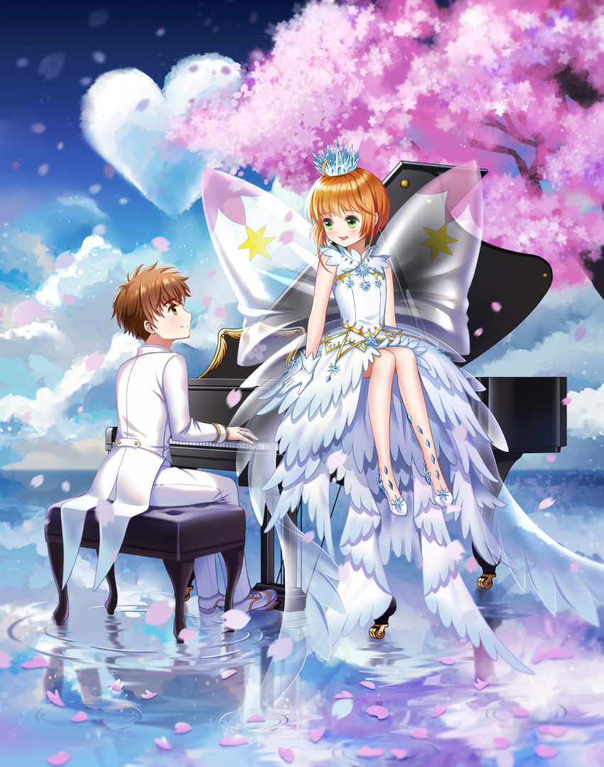 1boy, 1girl, :d, absurdres, ahoge, blue_sky, brown_eyes, brown_hair