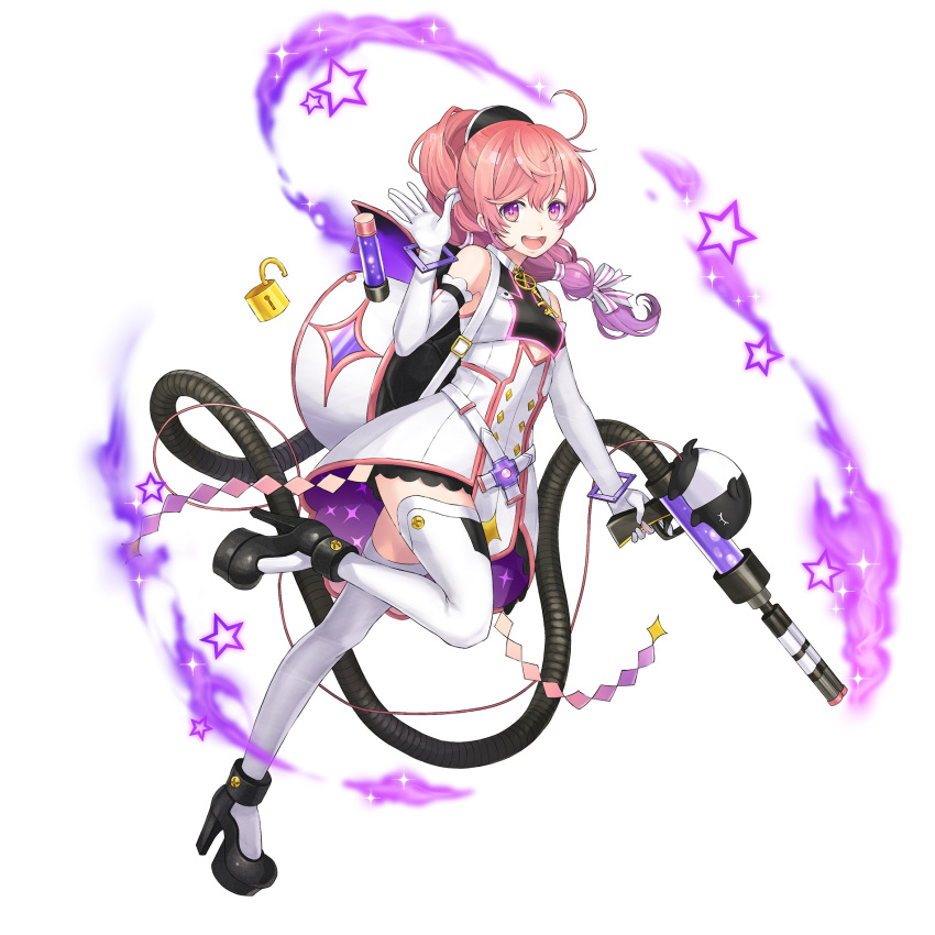 1girl, :d, ahoge, black_footwear, breasts, brown_hair, dress, eyebrows_visible_through_hair, gloves, hair_between_eyes, hair_ornament, high_heels, highres, layered_stories_zero, long_hair, looking_at_viewer, one_leg_raised, open_mouth, pink_eyes, ponytail, rachel_(layered_stories_zero), shoes, short_dress, simple_background, small_breasts, smile, solo, standing, standing_on_one_leg, star, thigh-highs, white_background, white_dress, white_gloves, white_legwear