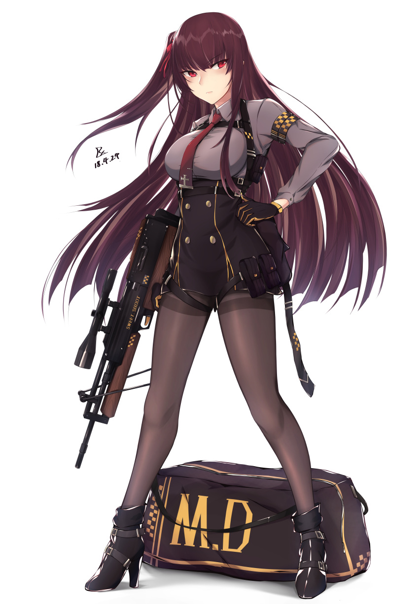 1girl, absurdres, armband, bag, bangs, bipod, black_footwear, black_gloves