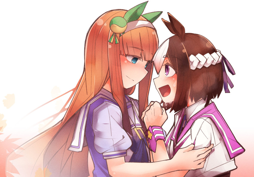 2girls, animal_ears, bangs, blue_eyes, blunt_bangs, brown_hair, dress, ear_covers