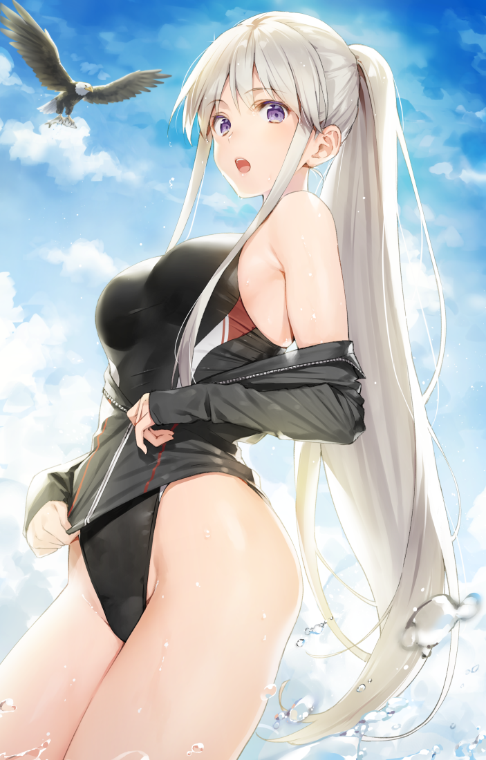 1girl, :o, alternate_costume, alternate_hairstyle, armpit_peek, azur_lane, bangs, bare_shoulders