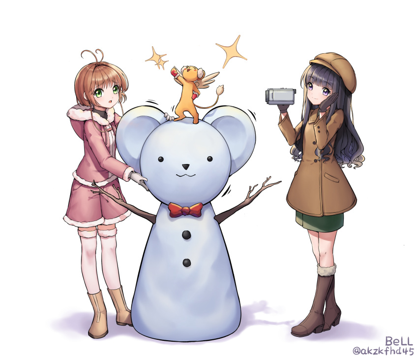 1boy, 2girls, ahoge, bell_(akzkfhd45), black_gloves, black_hair, boots, brown_coat