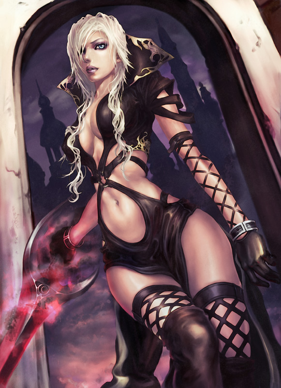 1girl, blonde_hair, blue_eyes, cleavage, curvy, gloves, hair_over_one_eye, long_hair, melt_up, midriff, original, sadakage, skin_tight, solo, source_request, sword, thigh-highs, thighhighs, weapon