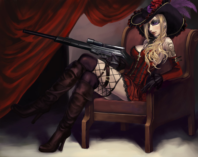 battle_rifle, blonde_hair, blue_eyes, boots, corset, cross, crossed_legs, detached_sleeves