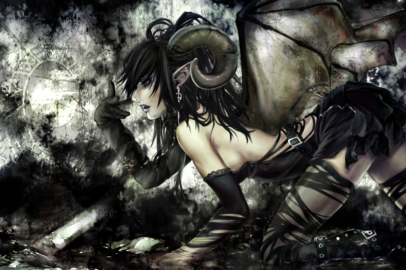 belt, black_hair, breasts, character_request, demon, demon_girl, earrings, elbow_gloves