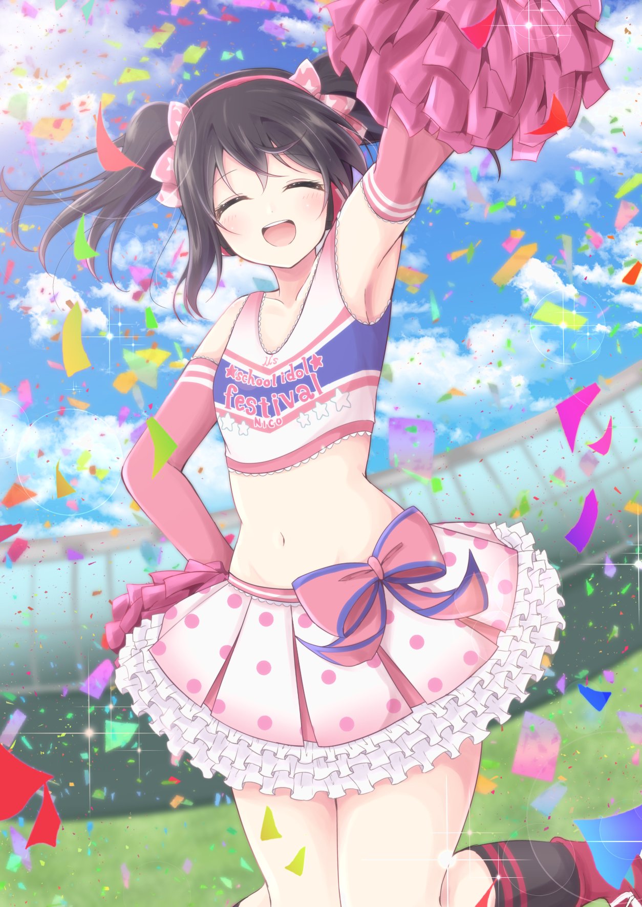 1girl, :d, ^_^, armpits, black_hair, bow, cheerleader, chiro_(bocchiropafe), closed_eyes, clothes_writing, clouds, cloudy_sky, collarbone, confetti, copyright_name, crop_top, elbow_gloves, frilled_skirt, frills, gloves, hair_bow, hand_on_hip, headphones, highres, love_live!, love_live!_school_idol_festival, love_live!_school_idol_project, midriff, miniskirt, navel, open_mouth, pink_bow, pink_gloves, pink_skirt, pleated_skirt, polka_dot_skirt, pom_poms, print_bow, shirt, skirt, sky, sleeveless, sleeveless_shirt, smile, solo, sparkle, star, star_print, twintails, wireless, yazawa_nico
