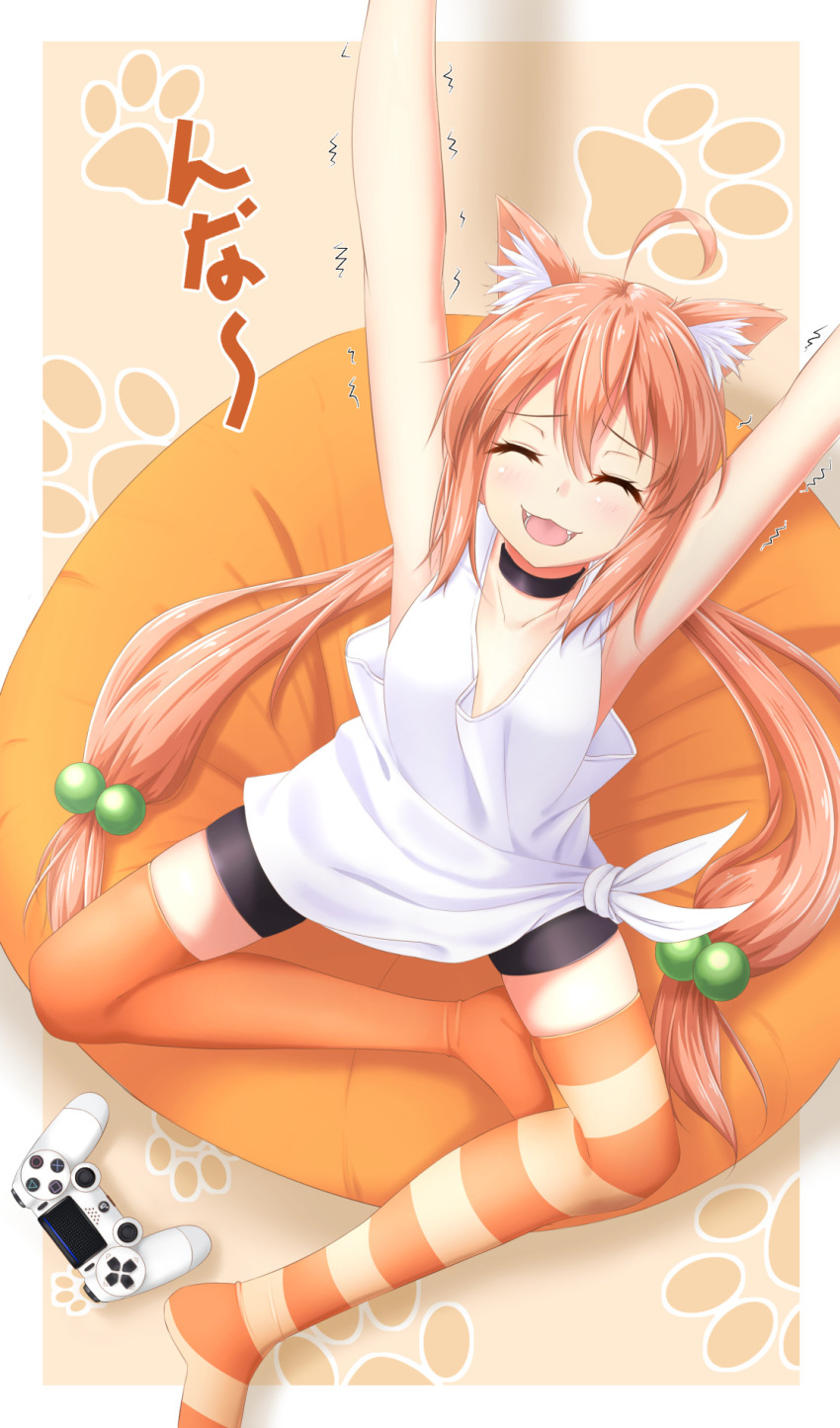 1girl, ahoge, animal_ears, arms_up, bike_shorts, black_choker, black_shorts, cat_ears, choker, closed_eyes, commentary_request, controller, dualshock, fangs, from_above, game_controller, gamepad, hair_bobbles, hair_ornament, highres, hinata_channel, long_hair, low_twintails, mismatched_legwear, nekomiya_hinata, open_mouth, orange_legwear, paw_background, pink_hair, potsunen, shorts, sitting, sleeveless, solo, striped, striped_legwear, tank_top, thigh-highs, twintails, virtual_youtuber, white_tank_top