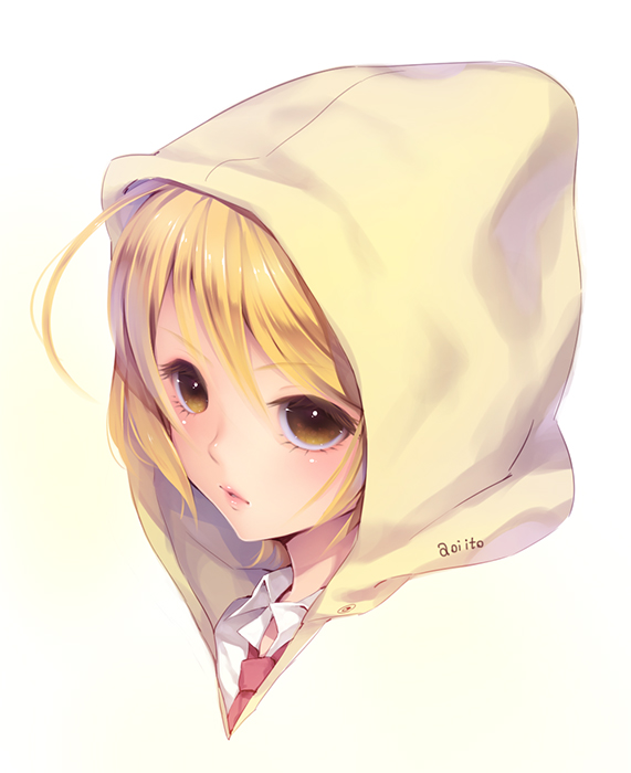 1girl, ahoge, aoi_itou, artist_name, blonde_hair, brown_eyes, commentary_request, hood