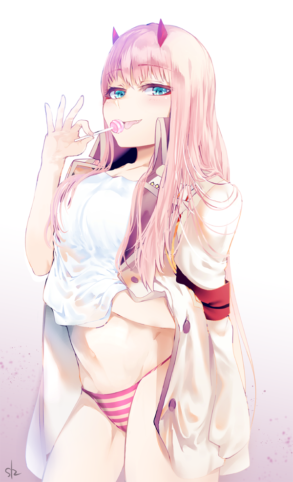 1girl, :p, aqua_eyes, breasts, candy, coat, cowboy_shot, darling_in_the_franxx, eyebrows_visible_through_hair, fang, food, half-closed_eyes, hand_on_own_stomach, horns, lollipop, looking_at_viewer, navel, panties, pink_hair, shirt, simple_background, siz_(emforhsqhf), smile, striped, striped_panties, tongue, tongue_out, underwear, white_background, white_shirt, zero_two_(darling_in_the_franxx)