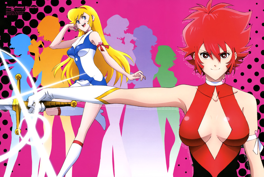 6+girls, :d, absurdres, animage, bare_shoulders, black_bodysuit, blonde_hair, blue_eyes, blush, bodysuit, boots, breasts, choker, cleavage_cutout, collared_dress, cutie_honey, cutie_honey_(character), cutie_honey_universe, diamond_(shape), dress, elbow_gloves, eyebrows_visible_through_hair, fancy_honey, flash_honey, gloves, hairband, hand_on_own_cheek, hat, high_heel_boots, high_heels, highres, holding, holding_microphone, holding_sword, holding_weapon, hurricane_honey, idol_honey, iseki_shuuichi, itou_yui, kisaragi_honey, knee_boots, large_breasts, long_hair, looking_at_viewer, microphone, misty_honey, multicolored, multicolored_bodysuit, multicolored_clothes, multiple_girls, multiple_persona, no_bra, open_mouth, patterned_background, perky_breasts, print_dress, purple_background, red_bodysuit, red_choker, red_eyes, red_hairband, redhead, round_teeth, scan, scarf, short_hair, silhouette, sleeveless, smile, spiky_hair, standing, standing_on_one_leg, sword, teeth, watanabe_aki, weapon, white_choker, white_dress, white_footwear, white_gloves