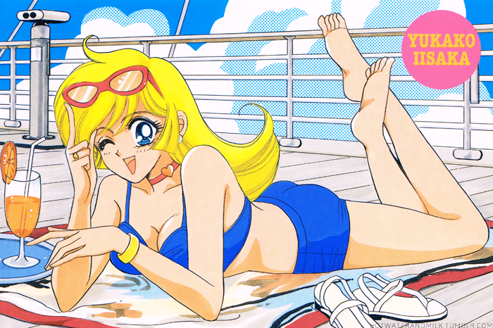 1girl, ;d, artist_name, ass, barefoot, bikini, bikini_shorts, blonde_hair