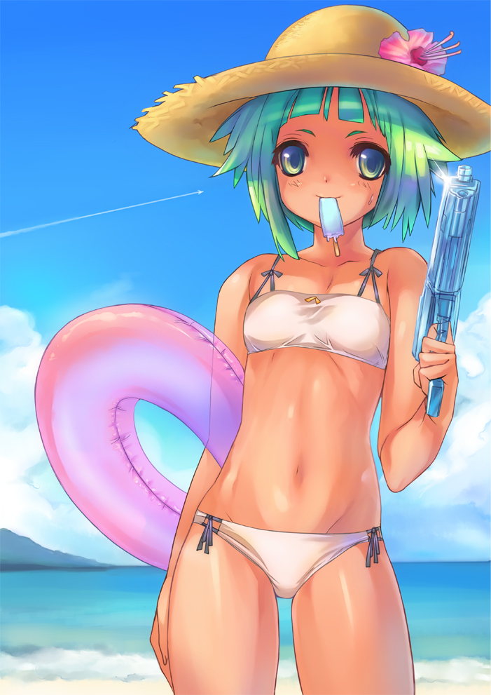 bikini, blue_eyes, cloud, condensation_trail, flower, green_hair, hat, innertube