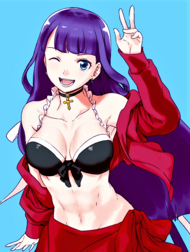 ;d, aoba_(smartbeat), armpits, bangs, bare_shoulders, bikini_top, black_bikini_top, black_ribbon, blue_background, blue_eyes, blunt_bangs, blush, breasts, cleavage, collarbone, cross_choker, earrings, fate/grand_order, fate_(series), front-tie_bikini, front-tie_top, jacket, jewelry, long_hair, long_sleeves, looking_at_viewer, medium_breasts, navel, off_shoulder, one_eye_closed, open_clothes, open_jacket, open_mouth, purple_hair, red_jacket, red_ribbon, ribbon, saint_martha, saint_martha_(swimsuit_ruler)_(fate), sarong, simple_background, smile, straight_hair, toned, upper_body, very_long_hair