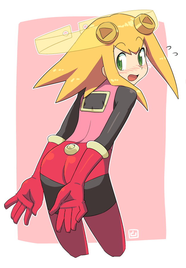 alternate_costume, bent_over, blonde_hair, blush, bodysuit, capcom, cosplay, elbow_gloves