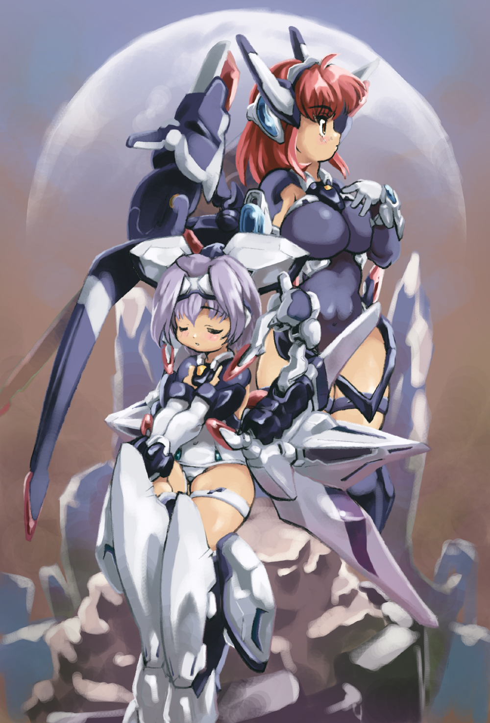 breasts, brown_eyes, closed_eyes, crueltear, exelica, flat_chest, highres, large_breasts