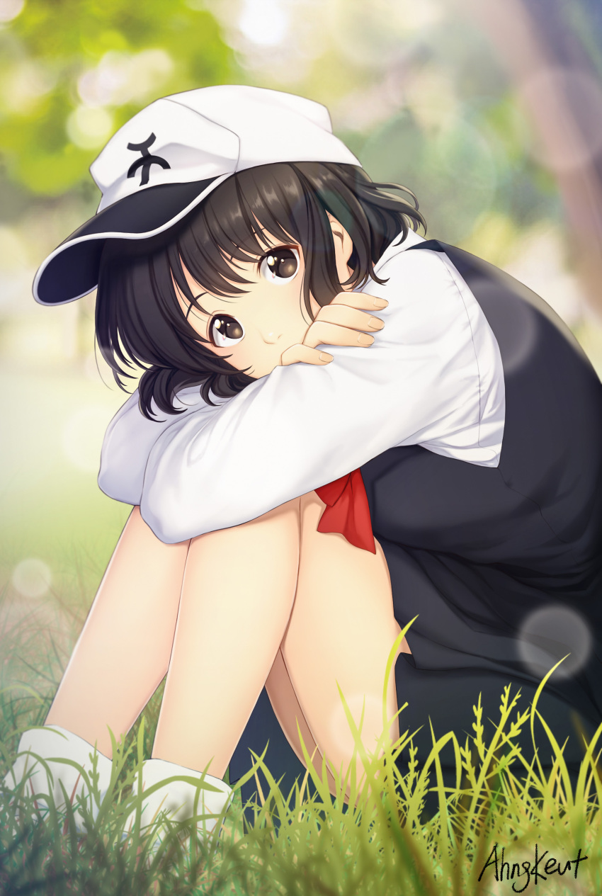 1girl, absurdres, ahngkeut, artist_name, bag, bare_legs, baseball_cap, black_dress