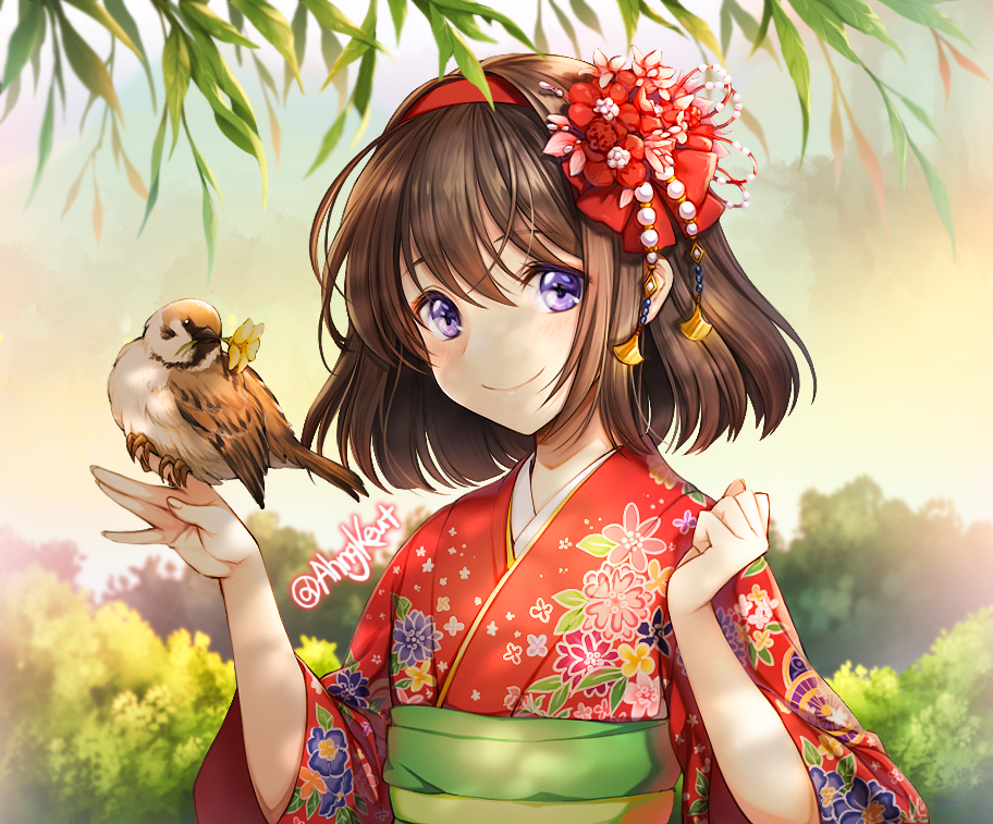 1girl, ahngkeut, bangs, bird, bird_on_finger, blush, brown_hair, day