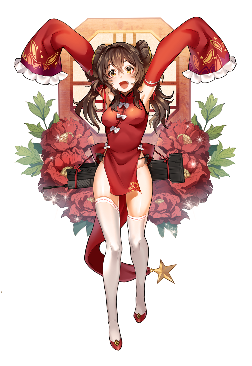 1girl, armpits, arms_up, bangs, blush, boba, bow, breasts