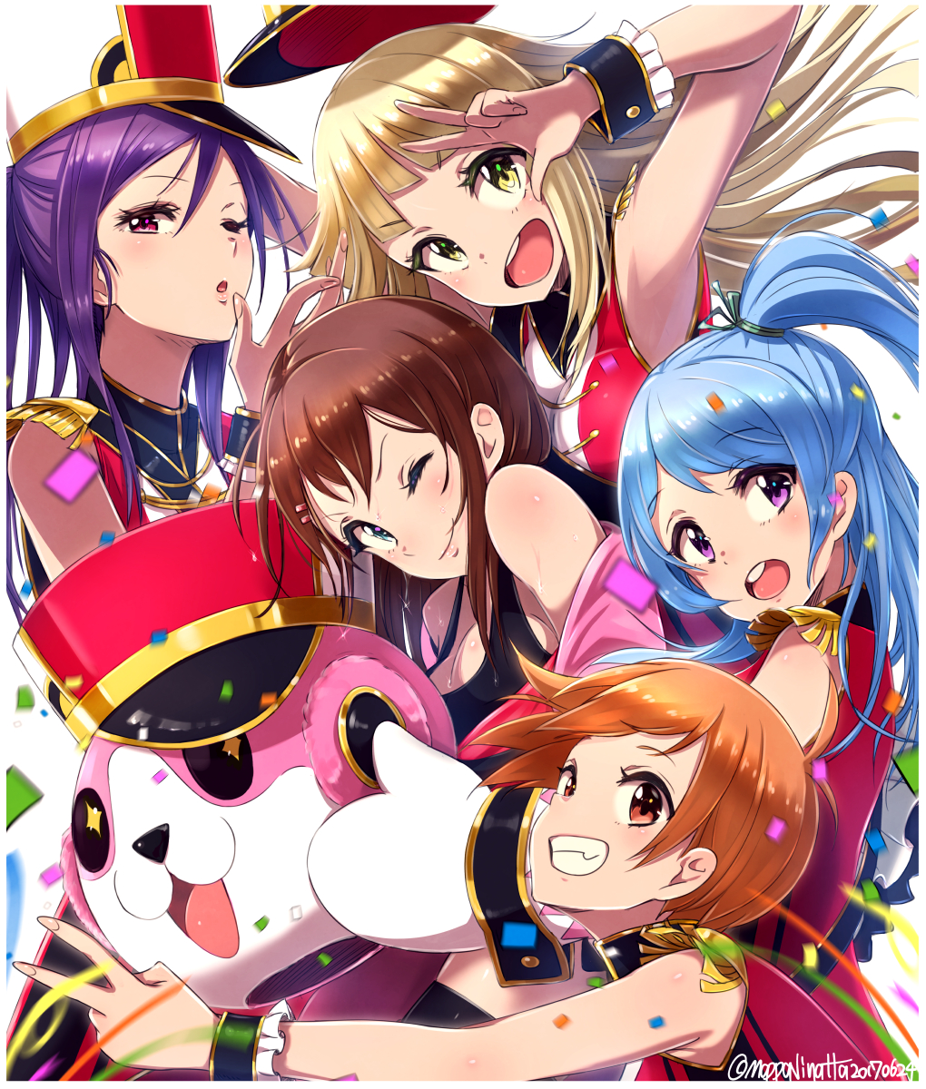 5girls, :3, :d, ;), ;o, animal_costume, antenna_hair, band_uniform