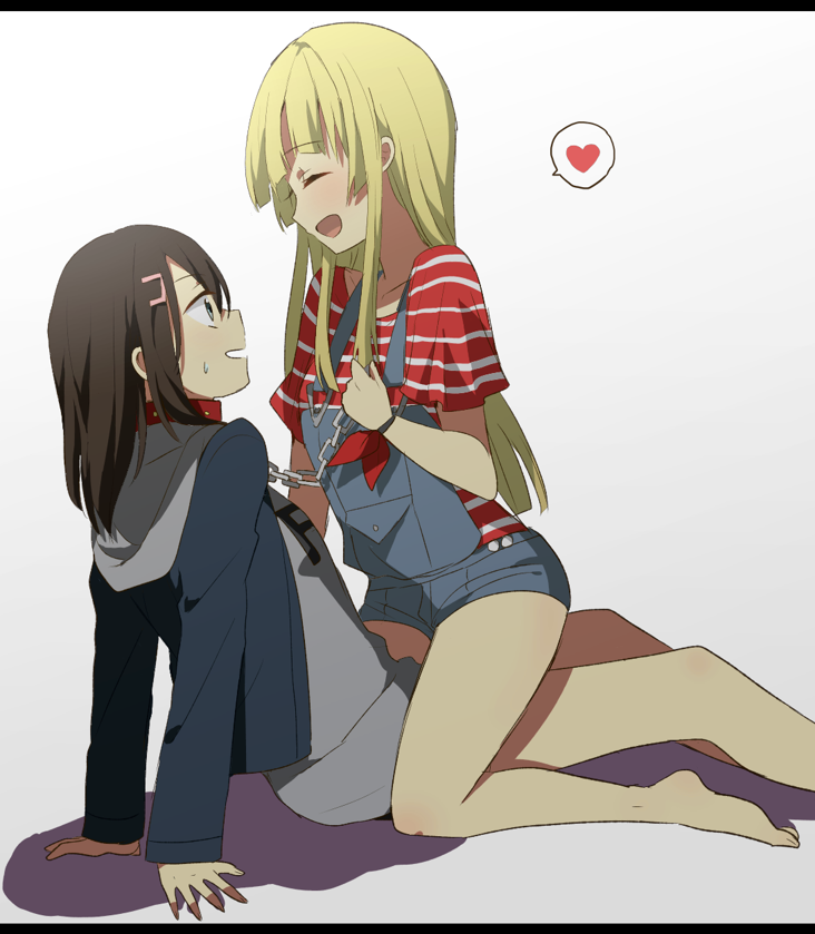 2girls, ^_^, bang_dream!, barefoot, blonde_hair, bracelet, brown_hair, chains