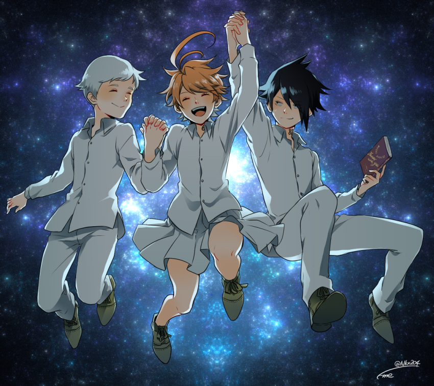 1girl, 2boys, ahoge, black_hair, closed_eyes, eme_(204), emma_(yakusoku_no_neverland), hand_holding, jumping, locked_arms, multiple_boys, norman_(yakusoku_no_neverland), orange_hair, pants, ray_(yakusoku_no_neverland), shirt, signature, skirt, star, starry_background, uniform, white_hair, white_pants, white_shirt, yakusoku_no_neverland
