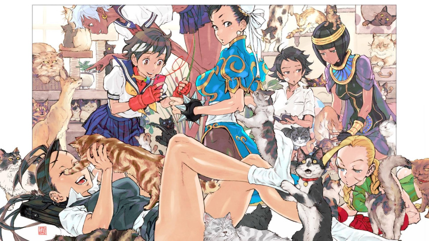 6+girls, animal, animal_on_head, artist_request, black_hair, blonde_hair, cammy_white, chun-li, circlet, dark_skin, elena_(street_fighter), headband, highres, ibuki_(street_fighter), kasugano_sakura, lying, makoto_(street_fighter), menat, multiple_girls, official_art, on_back, on_head, on_stomach, pet_collar, purple_hair, sailor_collar, school_uniform, skirt, smile, street_fighter, street_fighter_ii_(series), street_fighter_iii_(series), street_fighter_v, street_fighter_zero_(series), tail