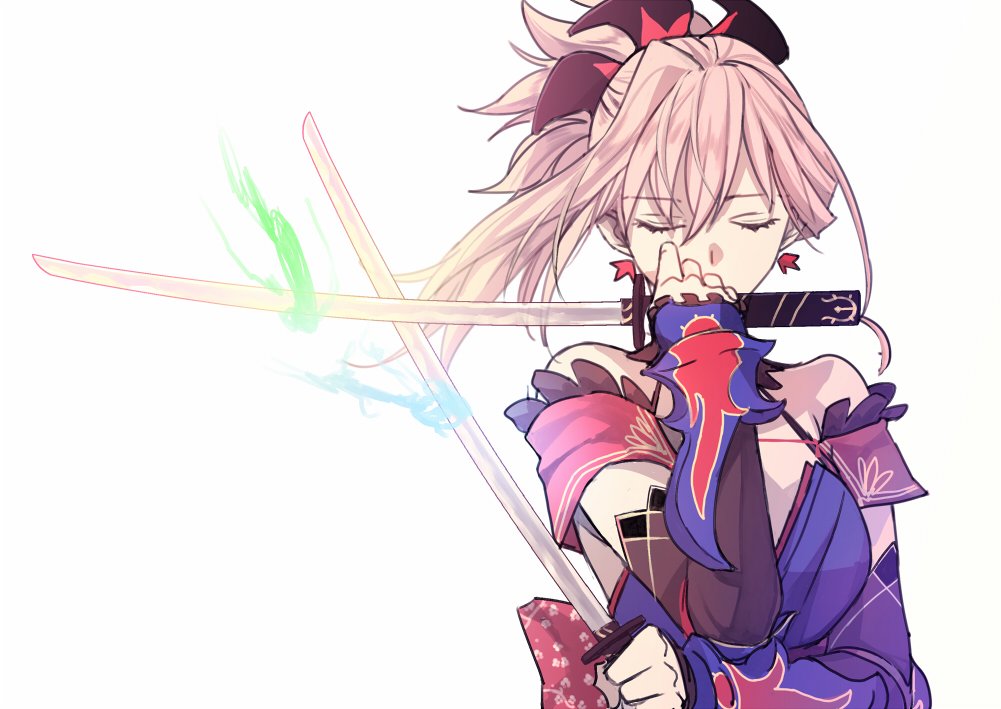 1girl, asymmetrical_hair, bare_shoulders, blue_eyes, blue_kimono, closed_eyes, detached_sleeves, dual_wielding